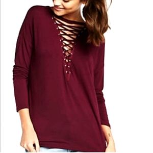 Express One Eleven Girlfriend Long Sleeve Deep V Neck Lace Up Tee - Wine